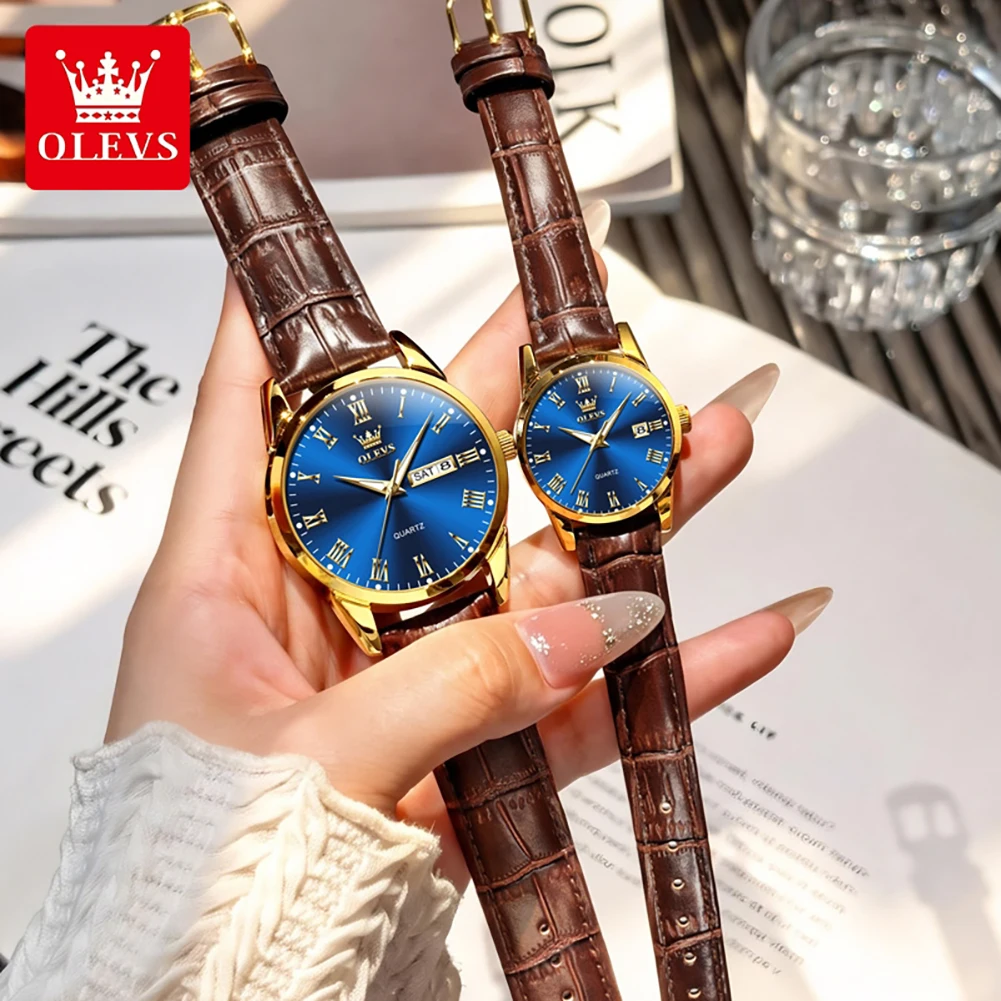 OLEVS Brand Original Couple Quartz Watch For Men and Women Luxury Fashion Waterproof Luminous Leather Strap Elegant Couple Watch