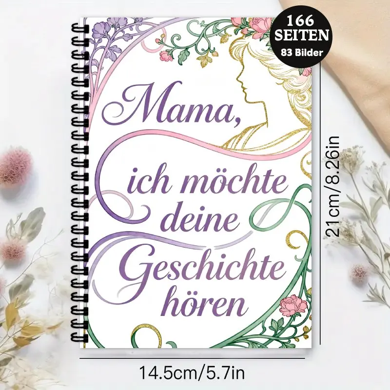 German“Mom,Please Tell Me Your Story”Memory Book Diary with Floral Art Nouveau Design,Souvenir Gift for Mother's Day or Birthday