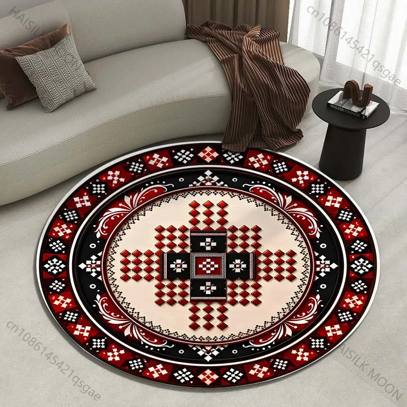 Intricate Symmetrical Red-Black-White Printed round carpet living room sofa table large pet mat soft round carpet home decor