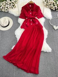 Women Vintage Elegant Beach Party Set Autumn Loose Collared Single Breasted Lace Shirt High Waist A-line Pleated Skirt for Women