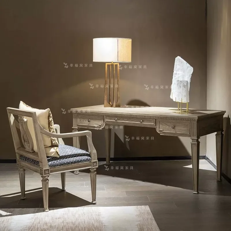 American Rural Solid Wood Desk and Chair Set Modern Light Luxury Writing Table Carved Retro Computer Desk for Home Office