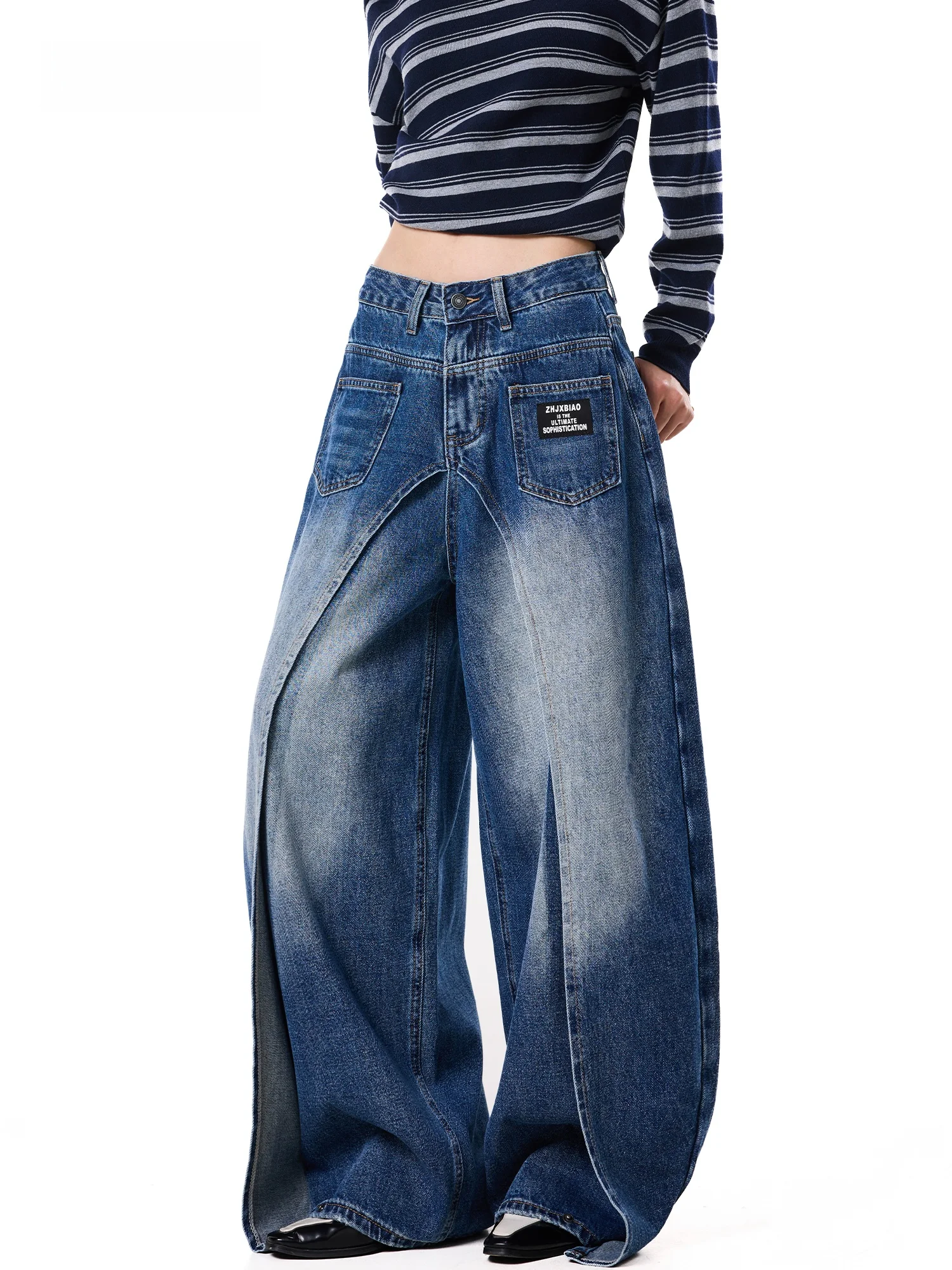 High Waist Wide Leg Knife  Denim Jeans Women's Retro Deconstructed Design Loose Long Pants Fake Two-Piece Autumn New Arrival
