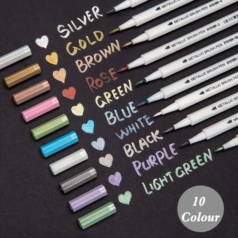 

10pcs Metallic Brush Tip Marker Pens Set - Non-Toxic Water-Based Ink for Calligraphy, Card Making, Rock & Mug Painting