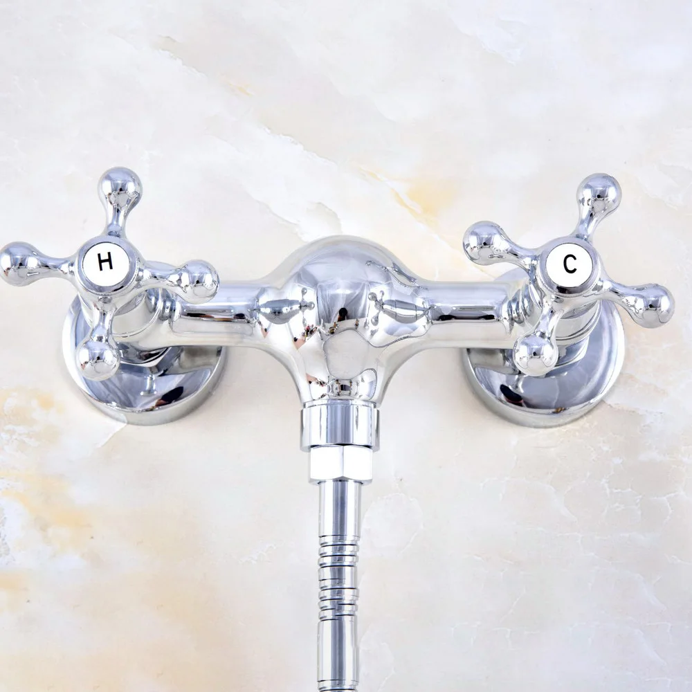 Wall Mount Polished Chrome Brass Bathroom Two Cross Handles Hand Shower Faucet Mixer Tap Set Telephone Shape Hand Spray ana769