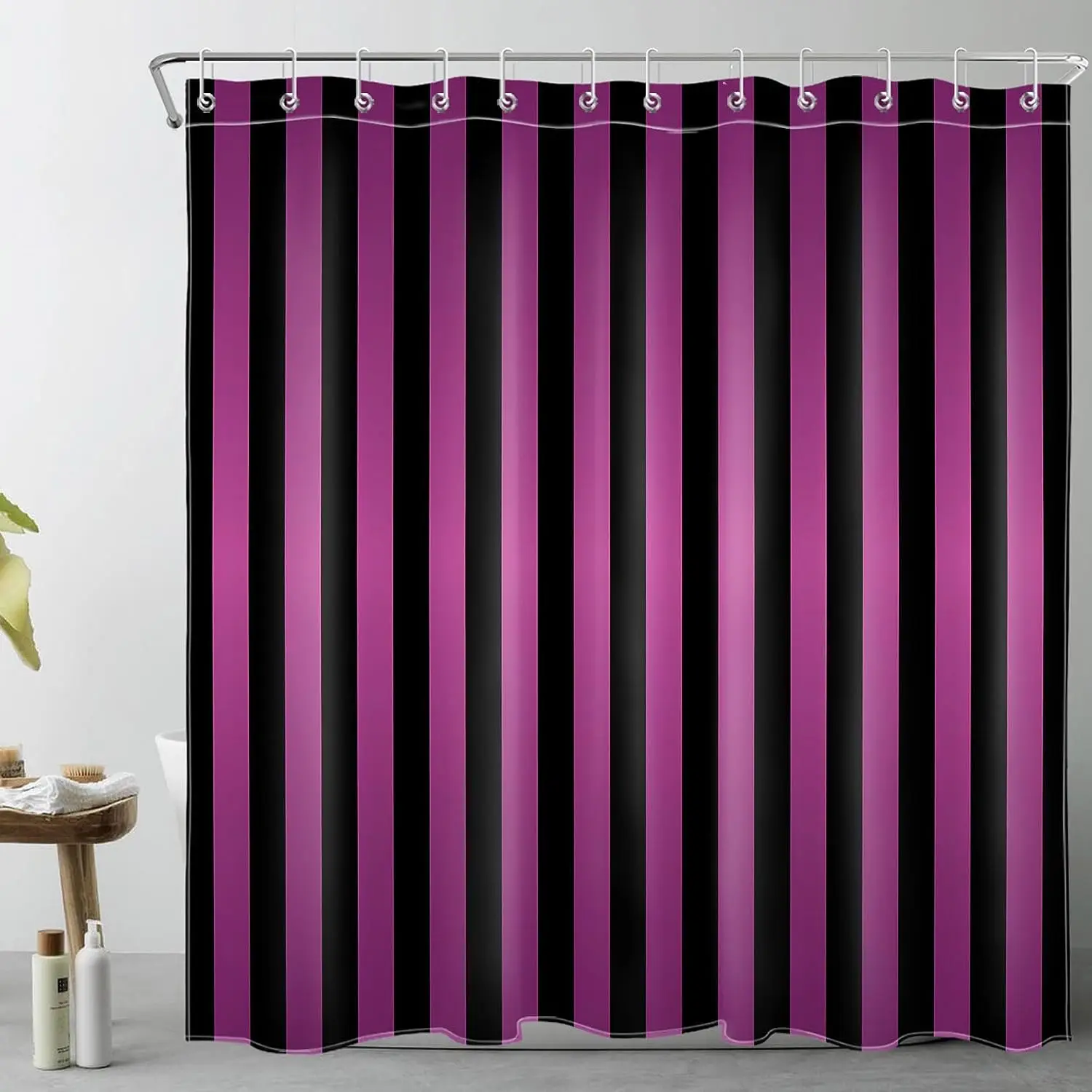 Black and Purple Striped Shower Curtain Modern Abstract Minimalist Art Vertical Stripe Vintage Bathroom Curtain Decor with Hooks