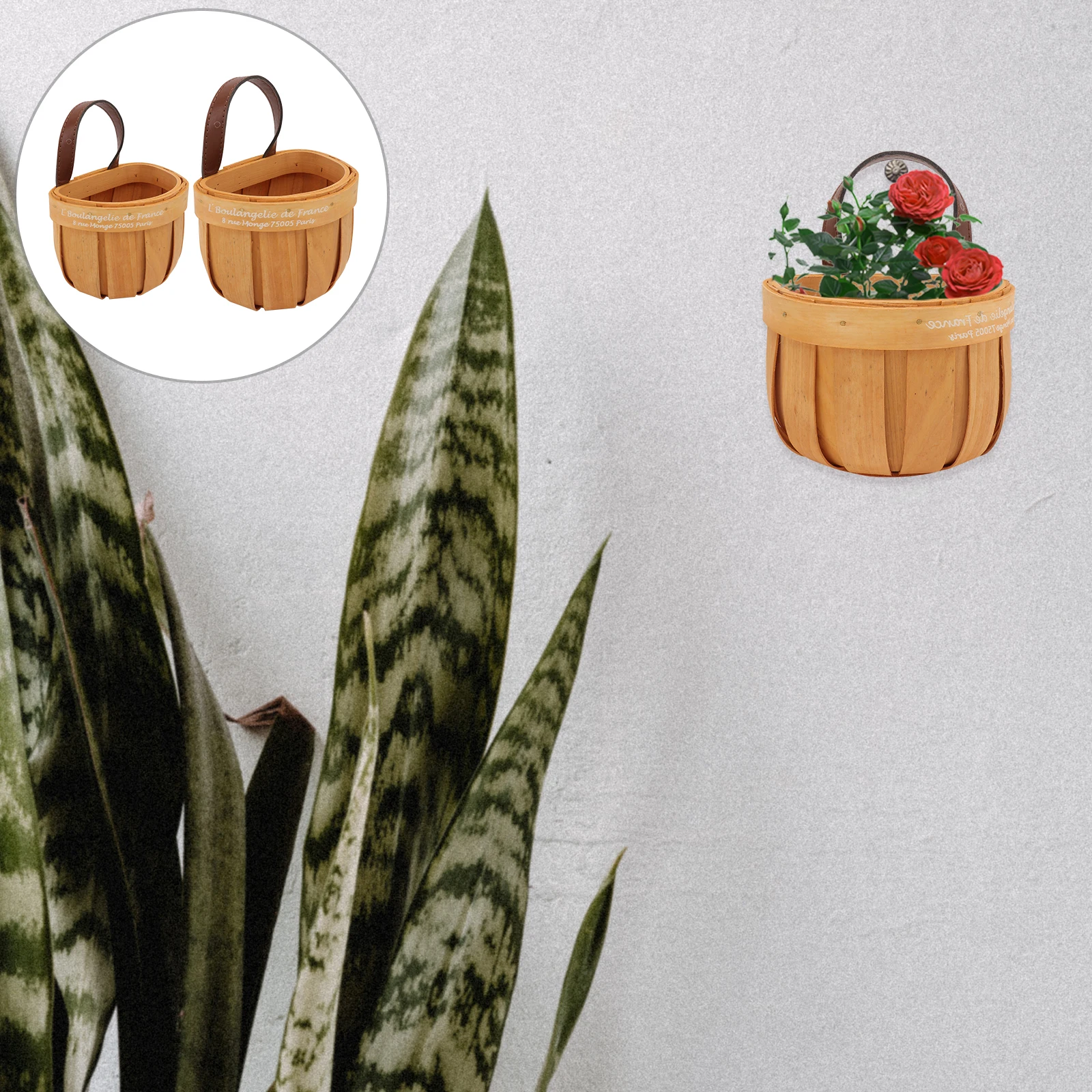 

2Pcs Wooden Woven Wall-Mounted Flower Basket Khaki Decorative Natural Storage Basket Home Kitchen Organizer Kitchen Gadget