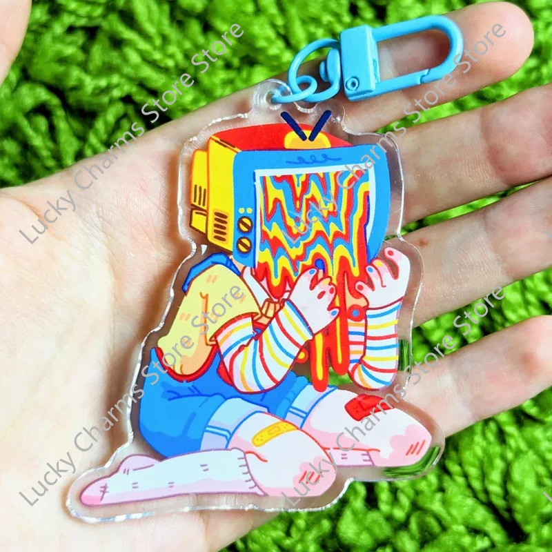 Trippy Retro TV Head Cartoon Acrylic Bag Charm Y2K Glitch Pastel Figure Backpack Pendant Streetwear Accessory