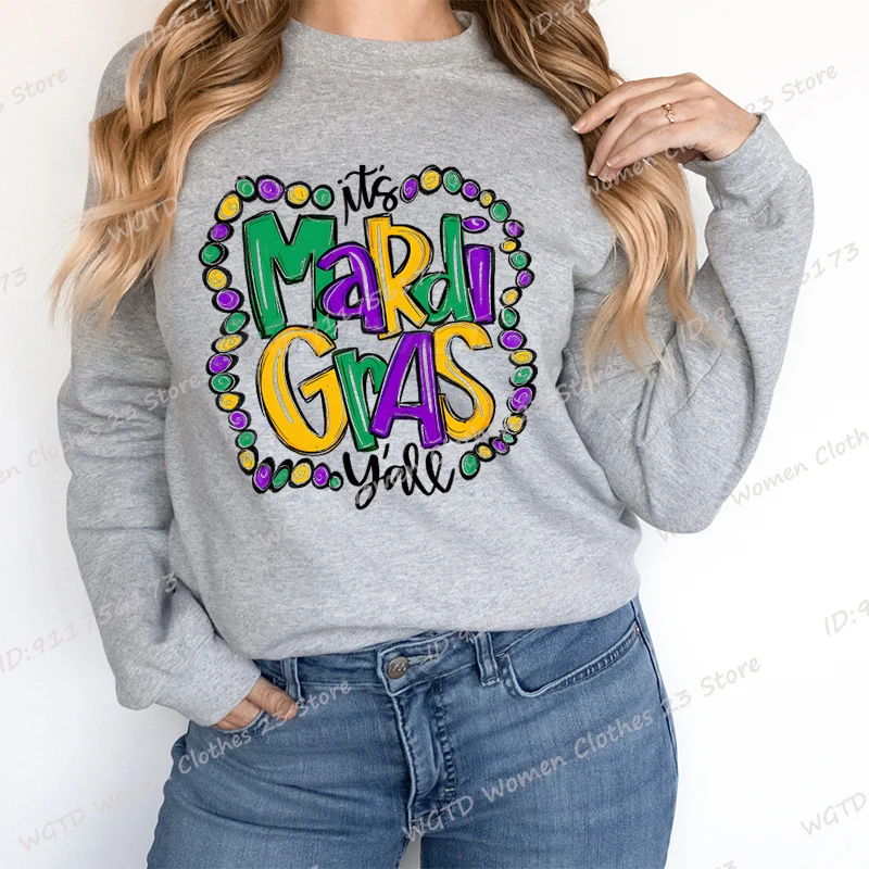 Felpa senza cappuccio alla moda da donna Top divertenti It's Mardi Gras Y'all Stampa Pullover girocollo da donna Pullover casual in puro colore