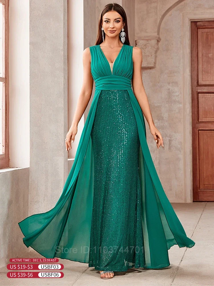 2024 Fashion Women Sleeveless V Neck Backless Green Sequined Elegant Evening Party Cocktail Prom Long Mermaid Dresses