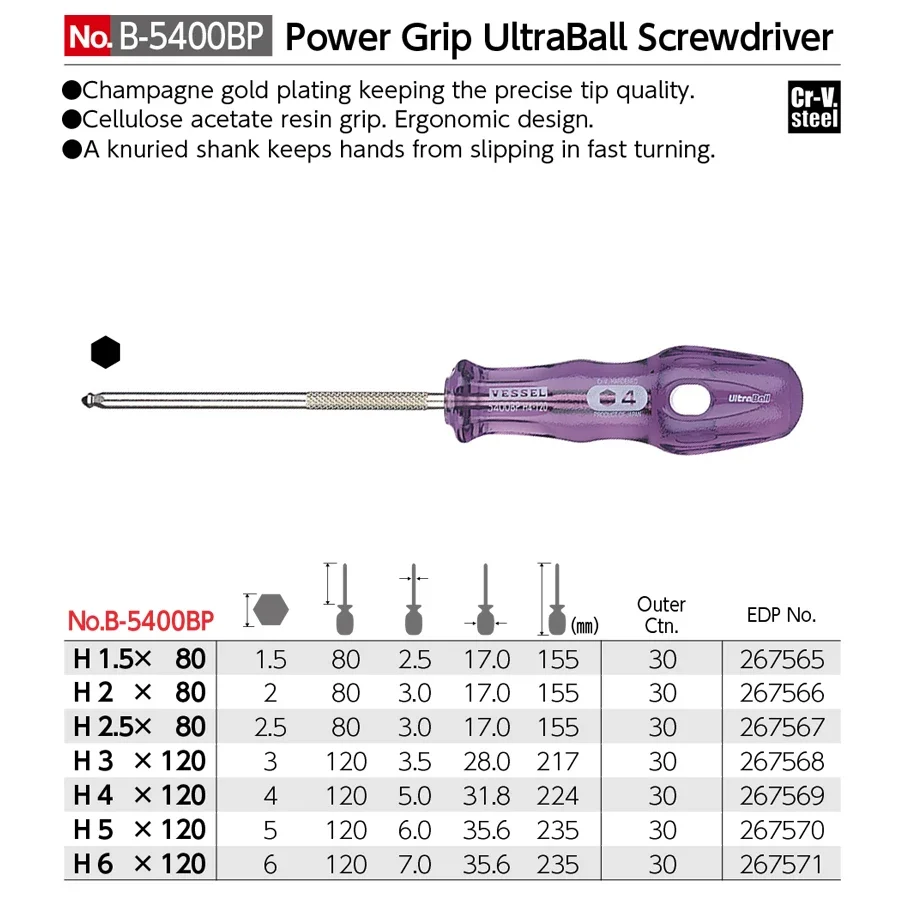 VESSEL B-5400BP Power Grip Ultra Ball Driver Hexagon Screwdriver with Knurled Blade for Fast Non-Slip Screwing Hand Tools