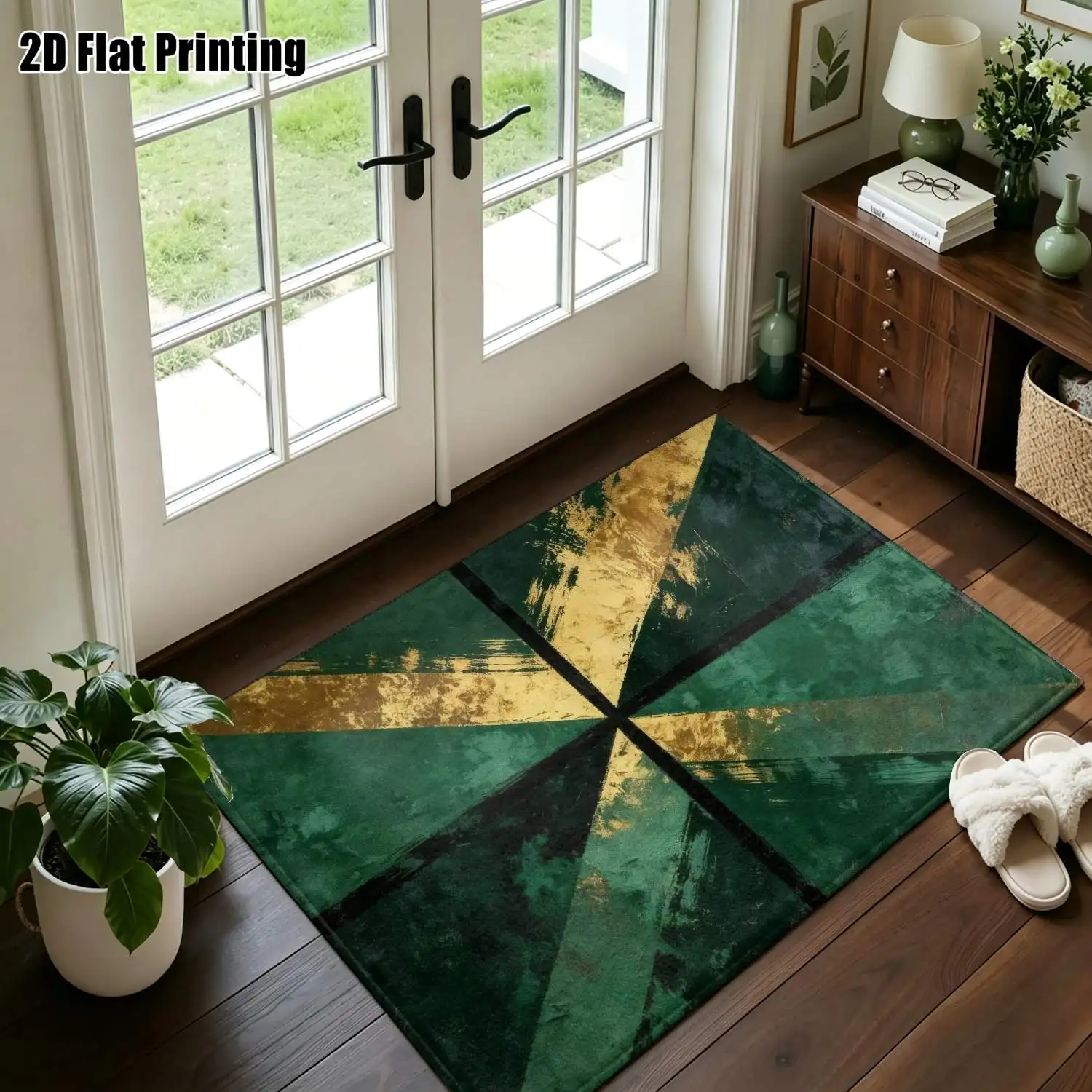 1Pc 2D Printed Carpet: Deep Green & Gold Geometric Pattern, Modern Vintage European Style, Machine Washable, Multi-Size, for Home Decor Including Entryway, Living Room, Dining Room, Bedroom, Study
