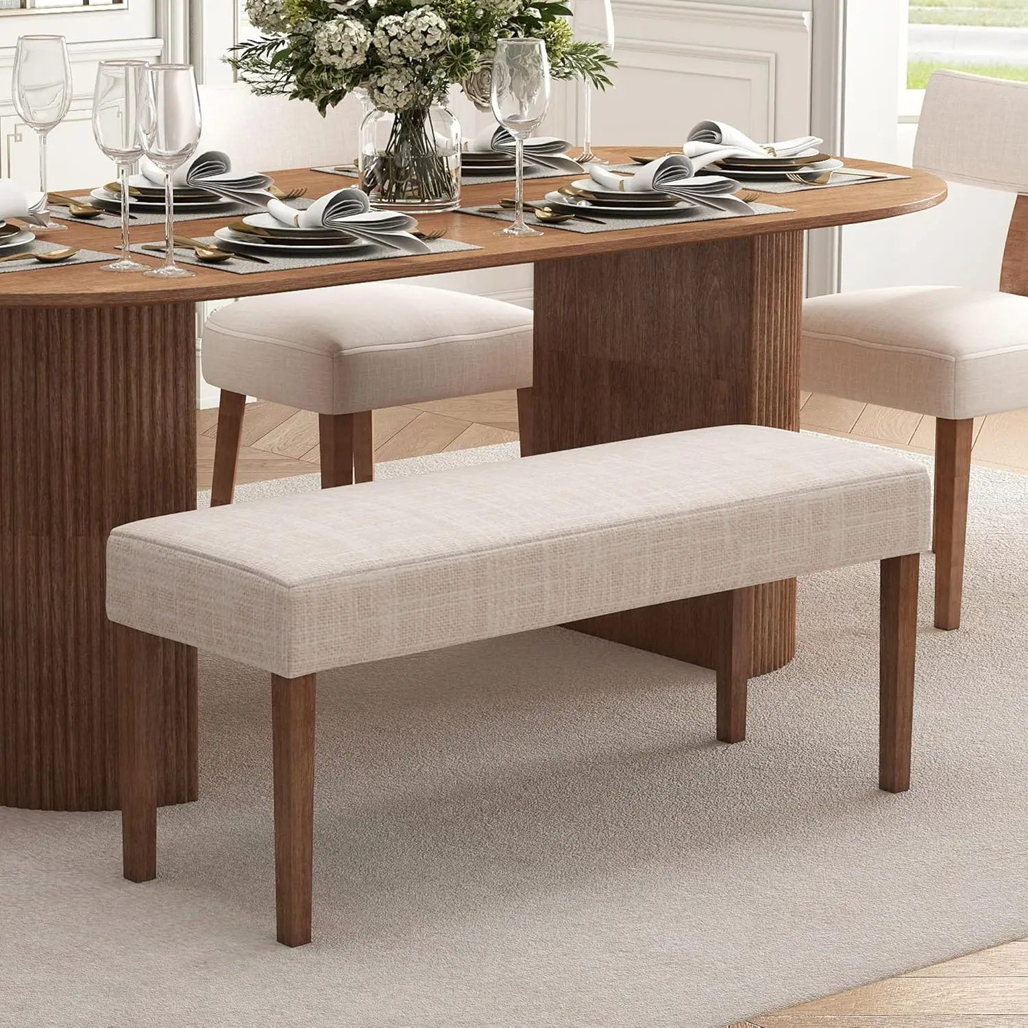 

Farmhouse Upholstered Dining Bench Seat, 45" Linen Entryway Bench with Natural Wood Legs, Mid Century Modern End of Bed Bench fo