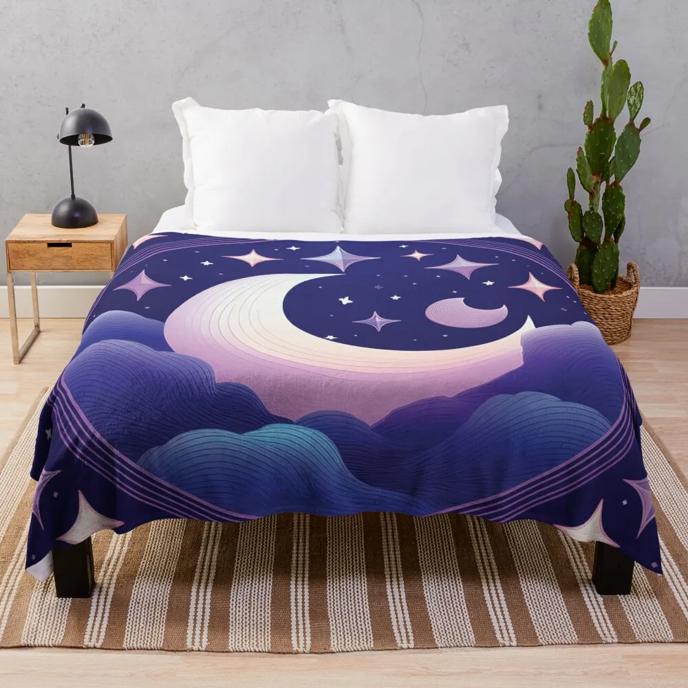 A design of a crescent moon surrounded by clouds and stars on a dark blue background. Throw Blanket Summer Cute Blankets