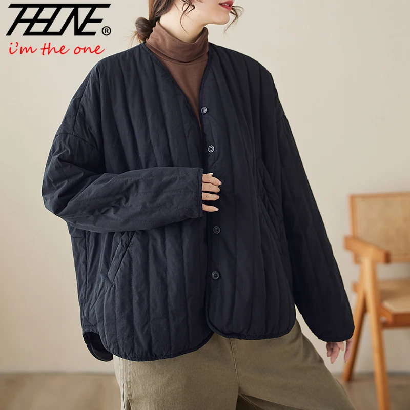 THHONE Autumn Winter New 2024 Jacket Women Coat Parkas Padded Vintage Korean Style Loose Solid Warm Casual V-neck Top Outerwear