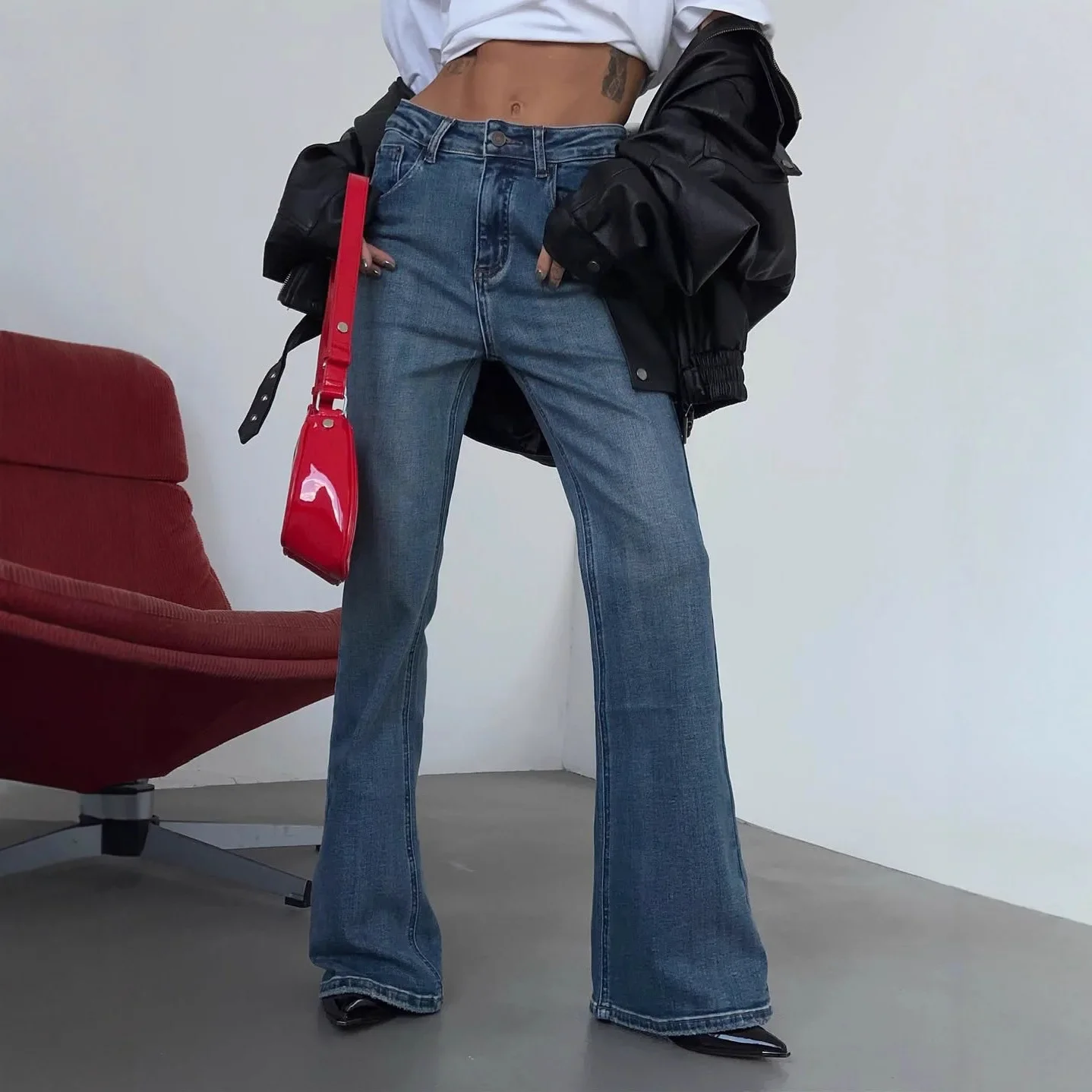 American Retro Washed High-waisted Bootcut Jeans, Versatile, Simple, Slimming, Street Style Trousers