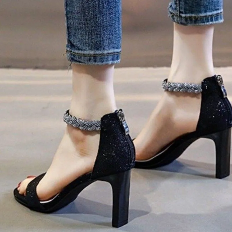 2024 Summer New Style Thick Heel Fashion Straight Back Zipper Rhinestone Bag Heel Sandals Women's Banquet Work Temperament Shoes image 6