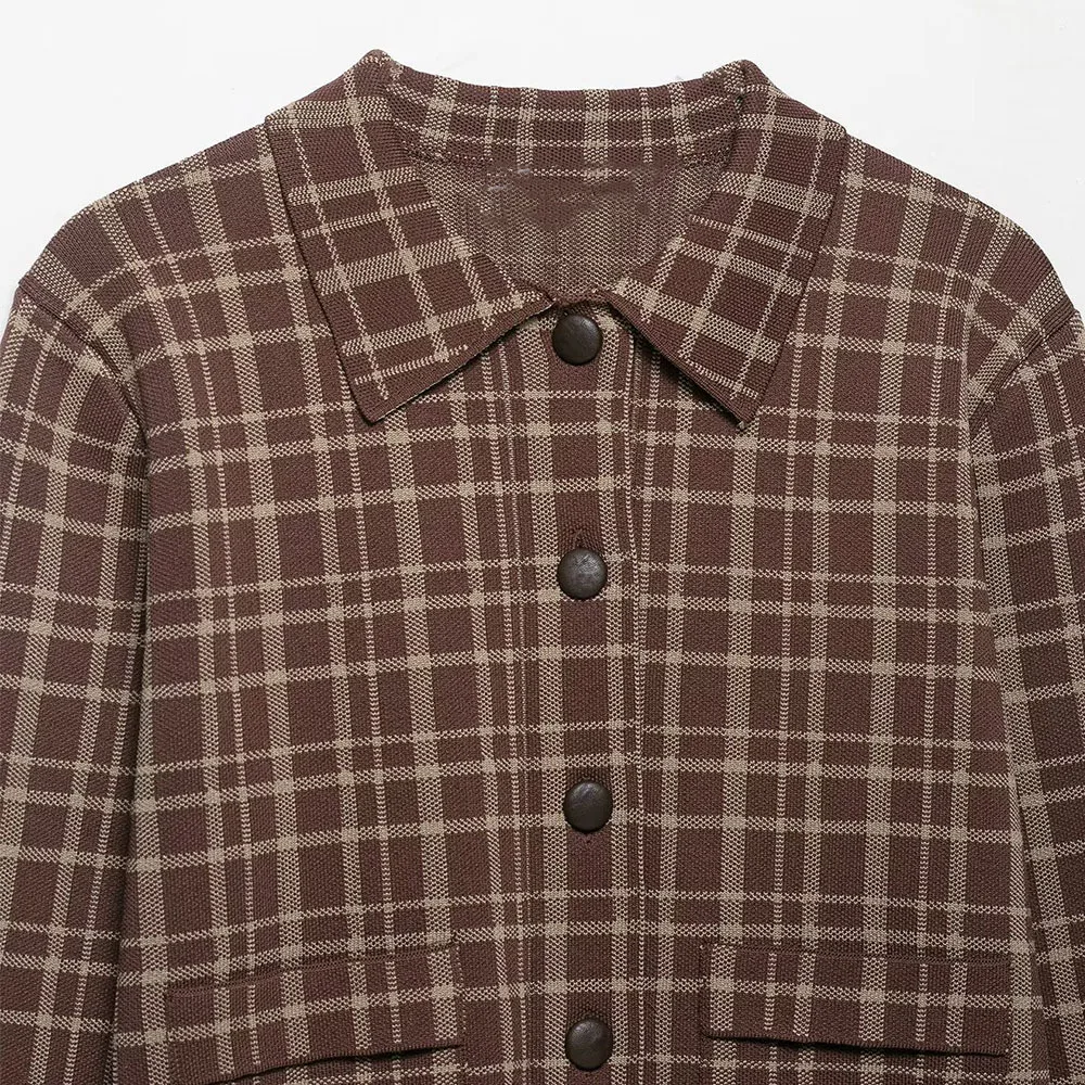 Nowa kolekcja jesień-zima 2025: płaszcz damski w kratę z kołnierzykiem, mieszanka materiałów, styl retro, temperament, koreańska dzianinowa kurtka.