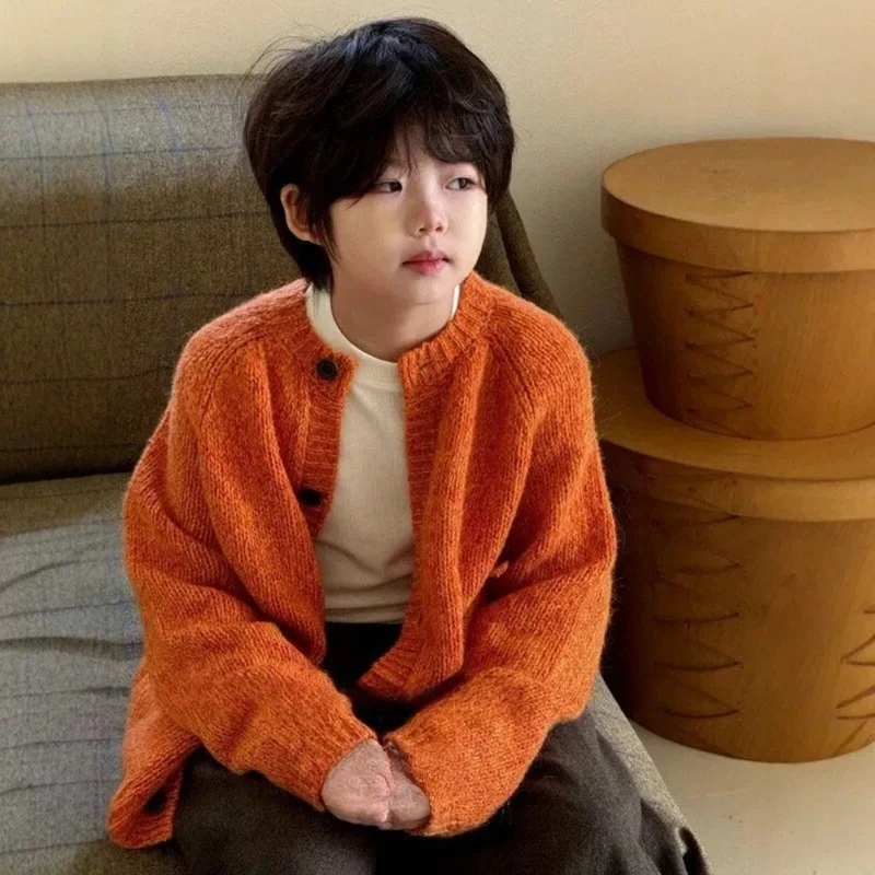 

2025 Children's Winter New Bright Orange Thick Warm Single Breasted Sweater Jacket