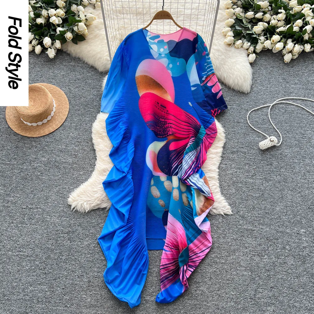 

Miyake Design Sense Irregular Ruffle Edge Printing Pleated Dress Women's Loose and Thin Pendant Long Dress
