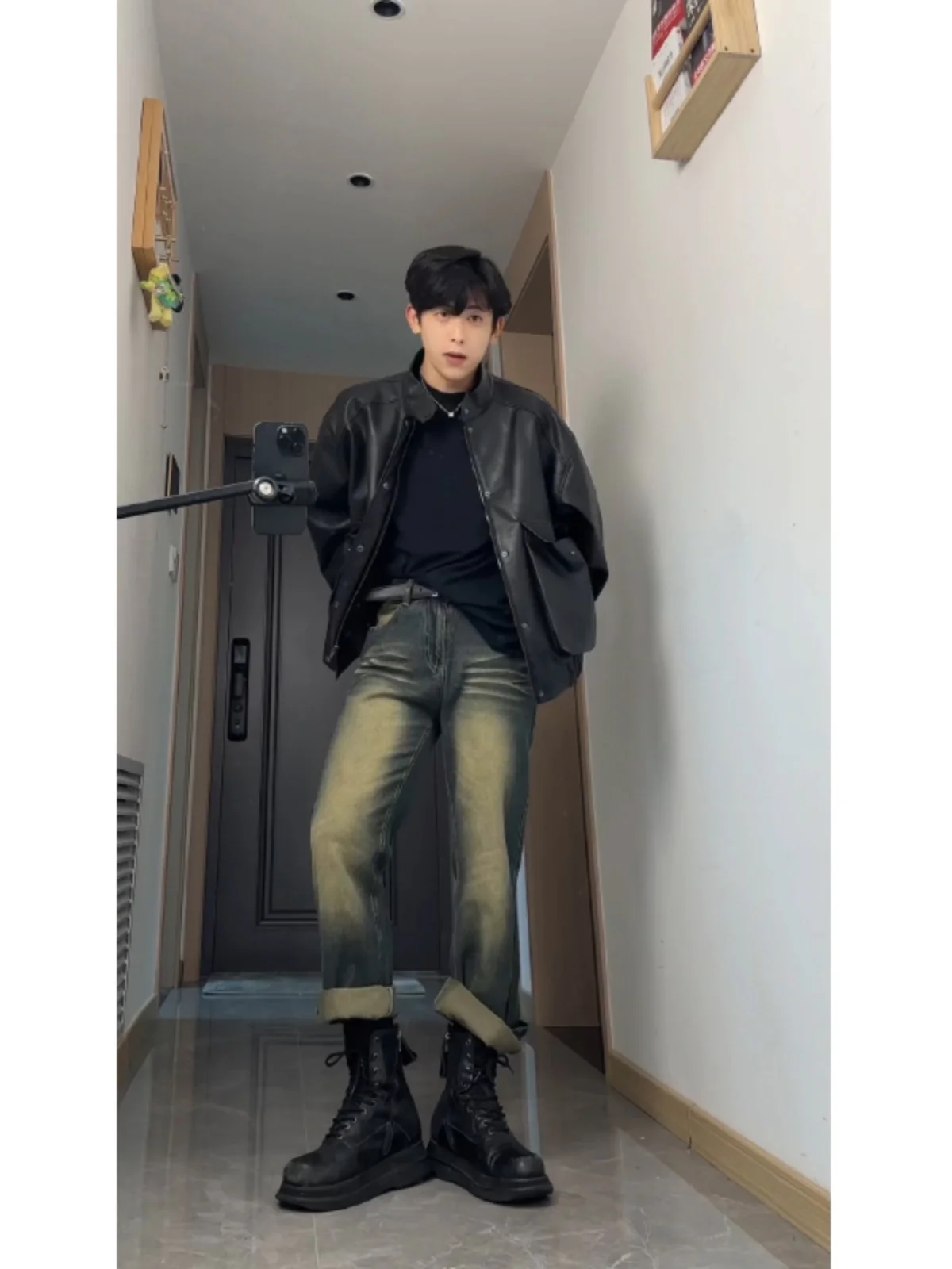 

Retro Blue Belt Sle Men's Jeans High Waist Elastic Straight Leg Long Pants Trendy Cleanfit American Design Casual Youth Jeans