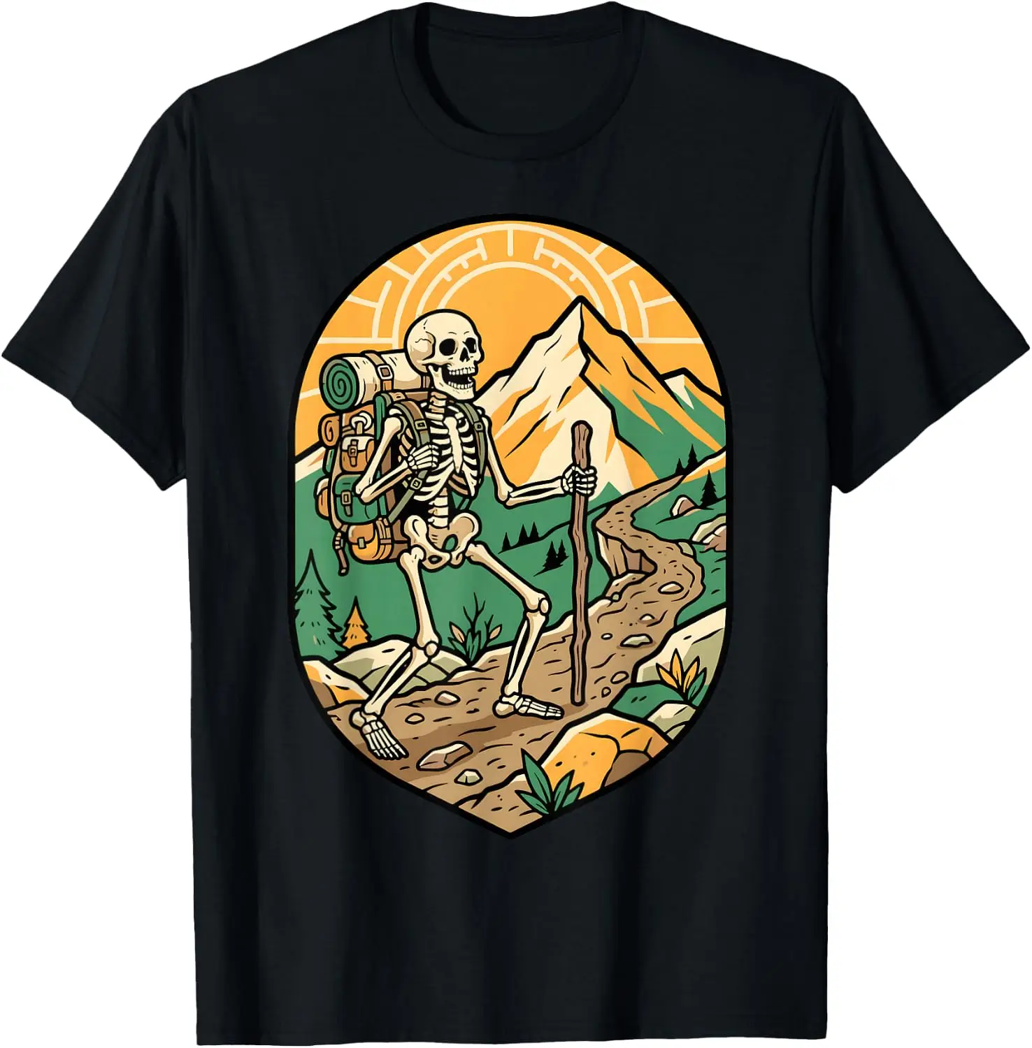 Hiking Skeleton Mountain Trail Funny Hiker Skull Outdoors T-Shirt 100% Cotton Trendy Y2K Short-Sleeve Tee – Soft, Quick-Drying, & Moisture-Wicking; Ideal for Sports or Casual Wear; Great Gift for Christmas or Halloween.
