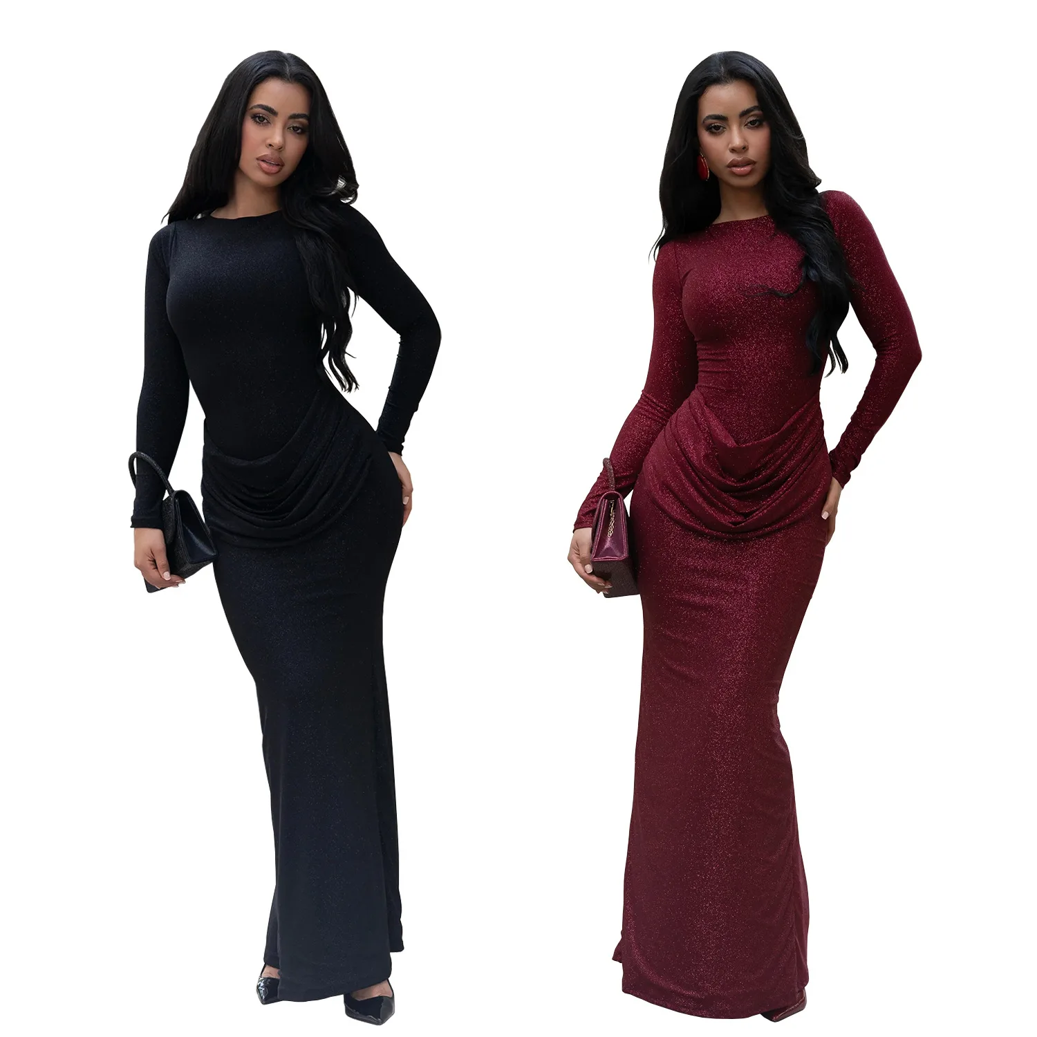 

Элегантное африканское женское платье макси с длинным рукавом и круглым вырезом из полиэстера, однотонное, для вечеринок и торжеств, весна-лето 2026, в стиле Анкара