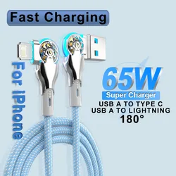 Elbow 180° Rotation 65W USB C To Lightning Braided Cable For iPhone 14 13 12 Pro Max Fast Charging For Samsung Charger Accessory