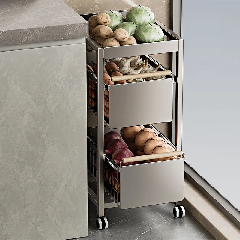 

Узкая кухонная тележка на колесиках, 3-уровневая стойка для хранения овощей с ящиками, компактный органайзер для фруктов и овощей для кладовой, металлическая стойка