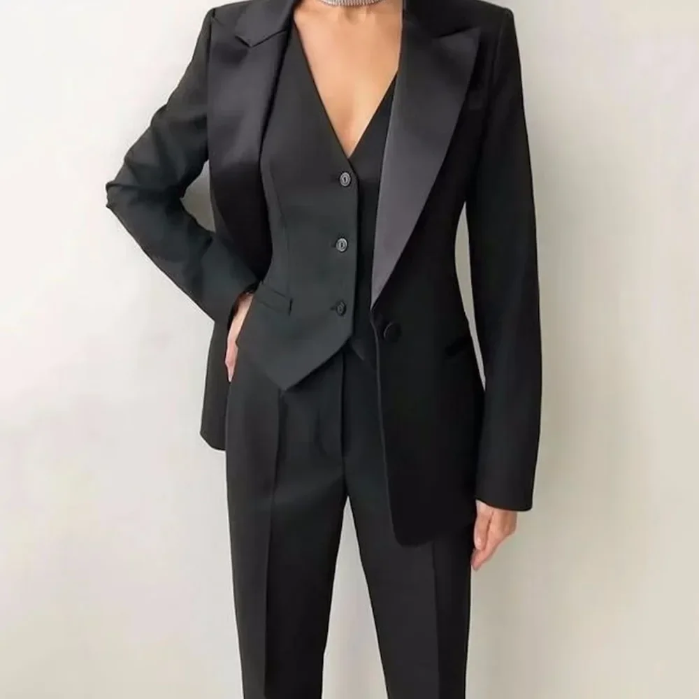 Elegant Black Solid Women Suits 3 Piece Chic Satin Peak Lapel One Button Outfits Office Lady Pants Sets (Blazer+Vest+Pants)