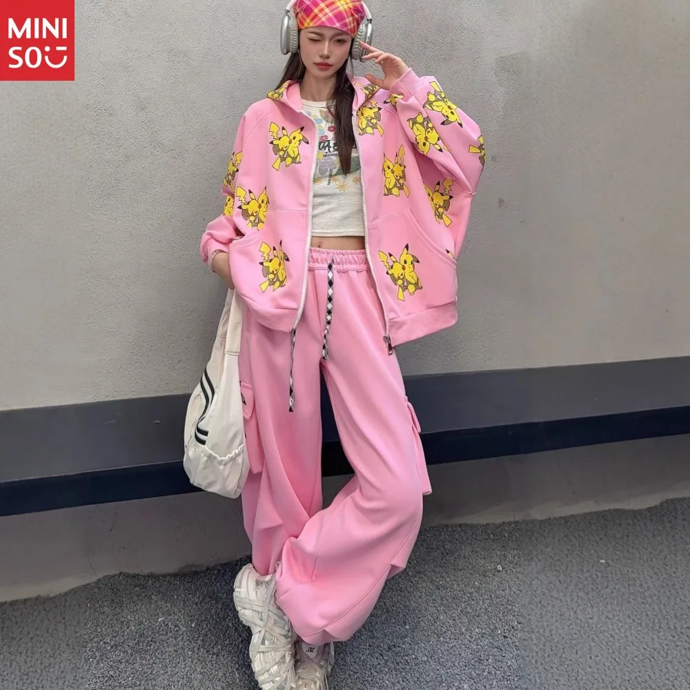 

Miniso Autumn A Complete Set of Foreign Style Age Reduction Suits Can Sweet Sweater Tooling Sweatpants Women's Casual 2/pcs Suit