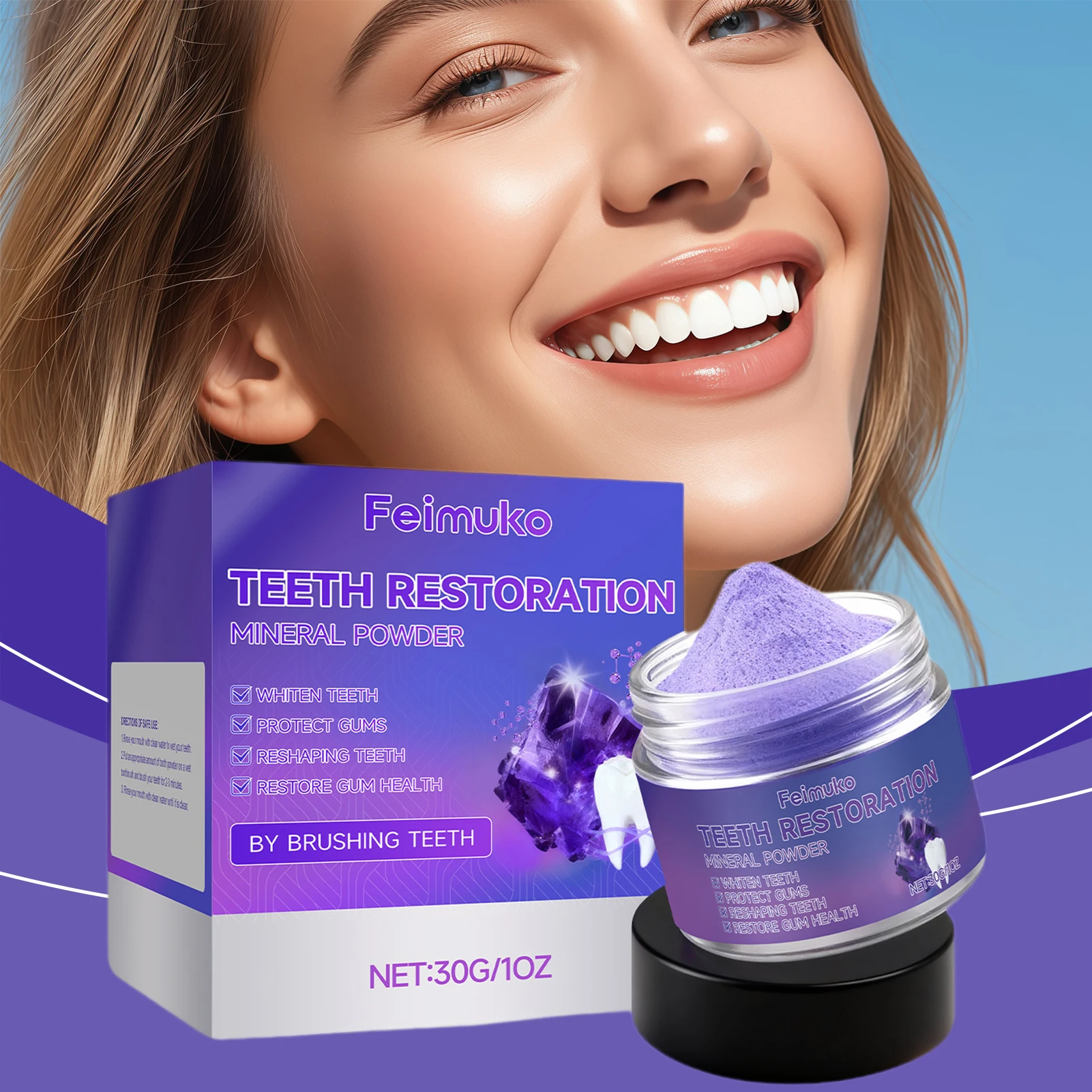 

30 г порошка для отбеливания зубов, фиолетовый минеральный порошок для восстановления зубов, средство для удаления пятен с зубов для курильщиков, органический порошок для глубокой очистки.