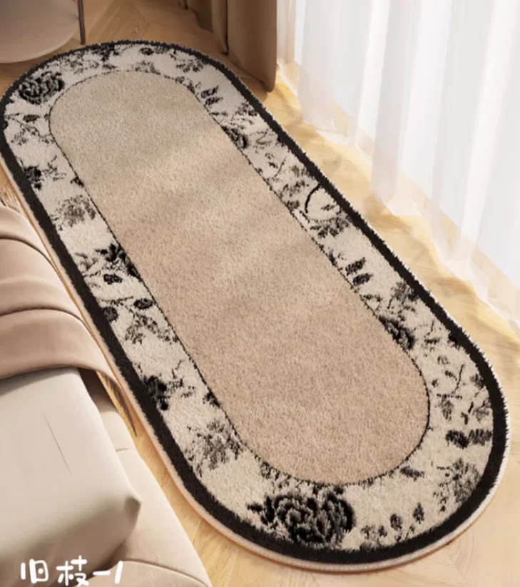 Oval shaped bedside carpet short plush carpet in front of the bed