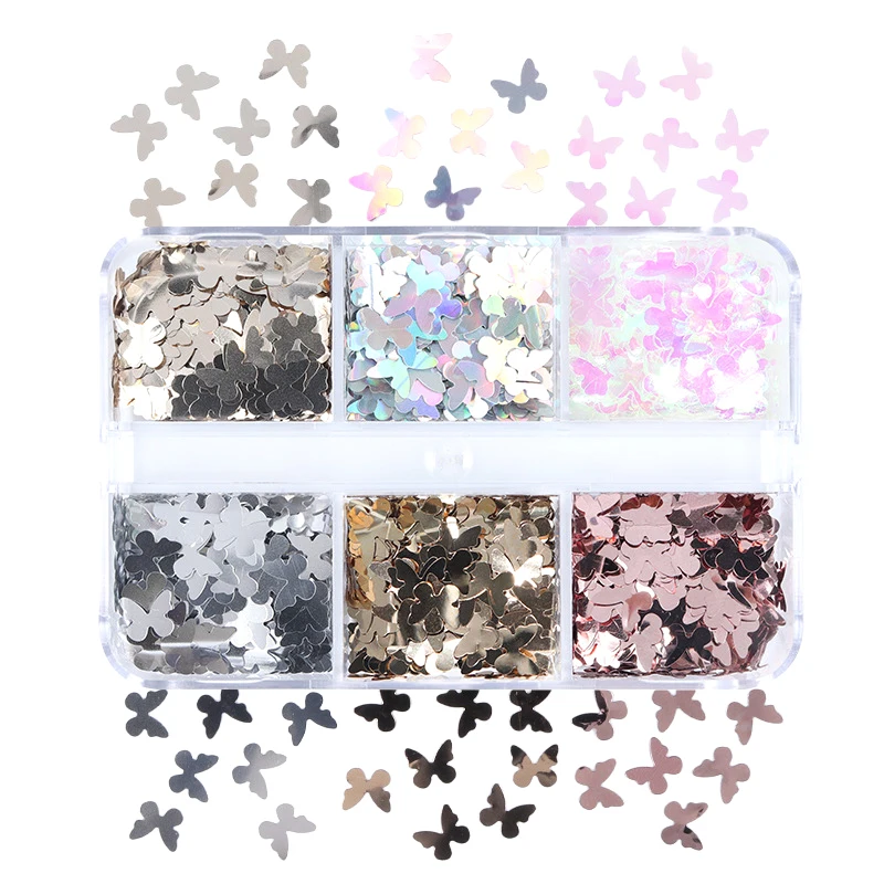 1Box 6 Grid DIY Nail Art Decoration Butterfly Sequins Nail Art Glitter Sticker Butterfly Nail Drills Manicure Design Accessory