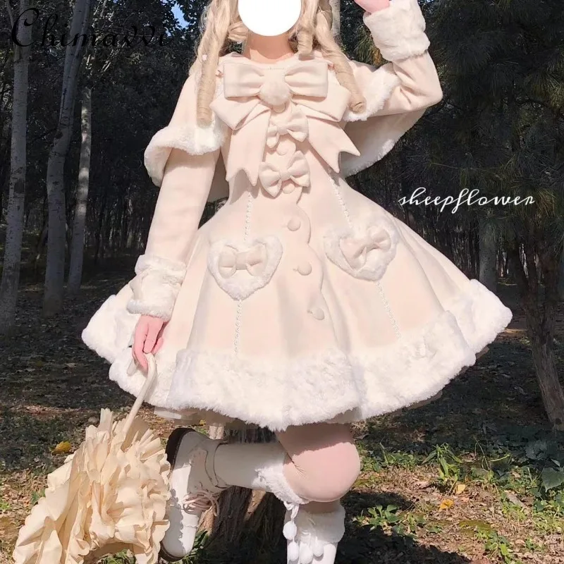 

Original Lolita Coat Autumn and Winter Japanese Sweet Bow Long Sleeve Slim Fit Elegant Warm Girl Women Mid-Length Woolen Coat