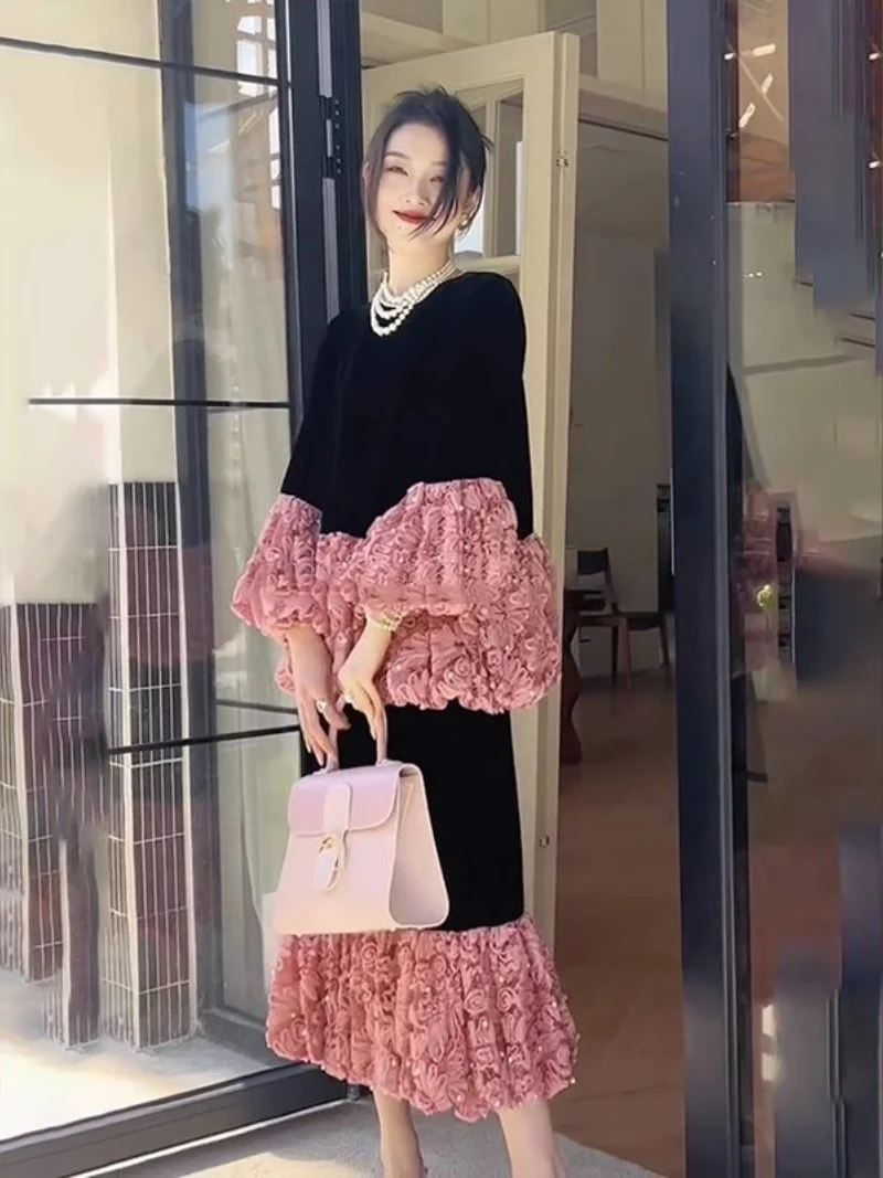 Plush Thicken Warm Warm Autumn And Winter Outfit, Fashion Spliced Black Velvet Suit Skirt + Shirt Two Piece Set w1493