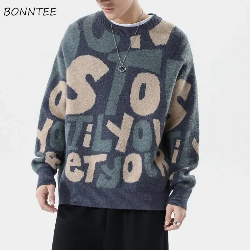 

Пуловеры мужские в корейском стиле мешковатые с круглым вырезом с буквенным принтом повседневные теплые вязаные универсальные уличные студенческие осенне-зимние новинки