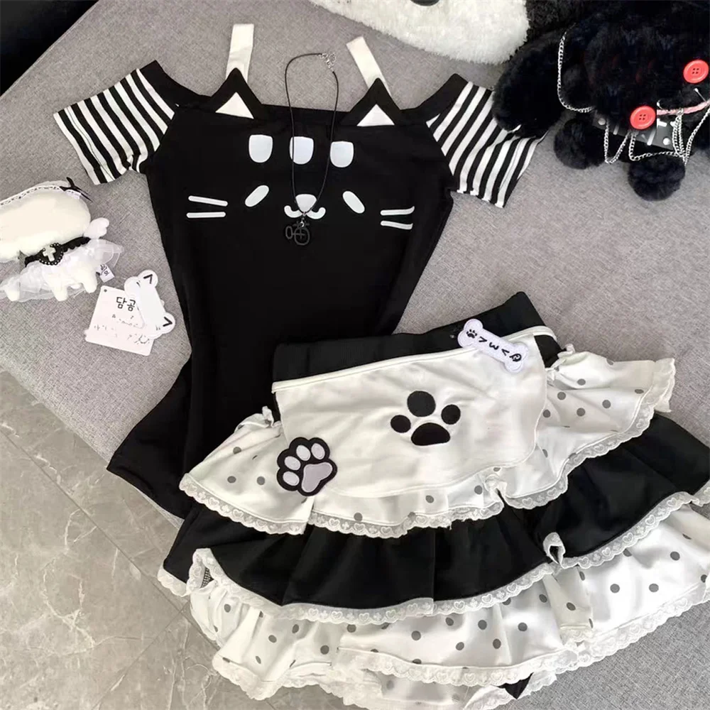 

Женский комплект из 2 предметов с принтом японского милого кавайного комплекта с короткими рукавами + юбка в горошек Kpop Summer Harajuku Cute JK Fashion Suit