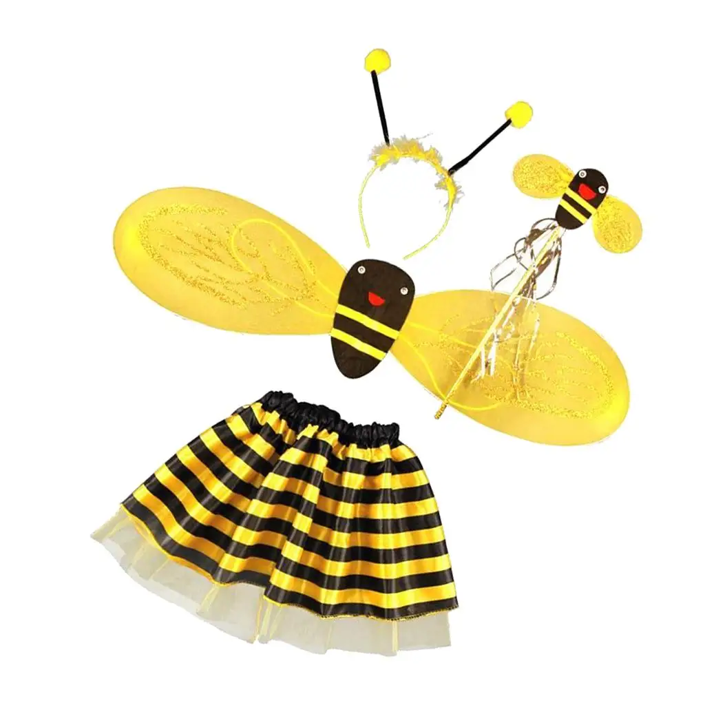 Bumble Bee Costume for Girls Kids, 4 Pieces Honeybee Fancy Dress Outfit - Fairy Wing, Headband, Wand, Tutu Skirt