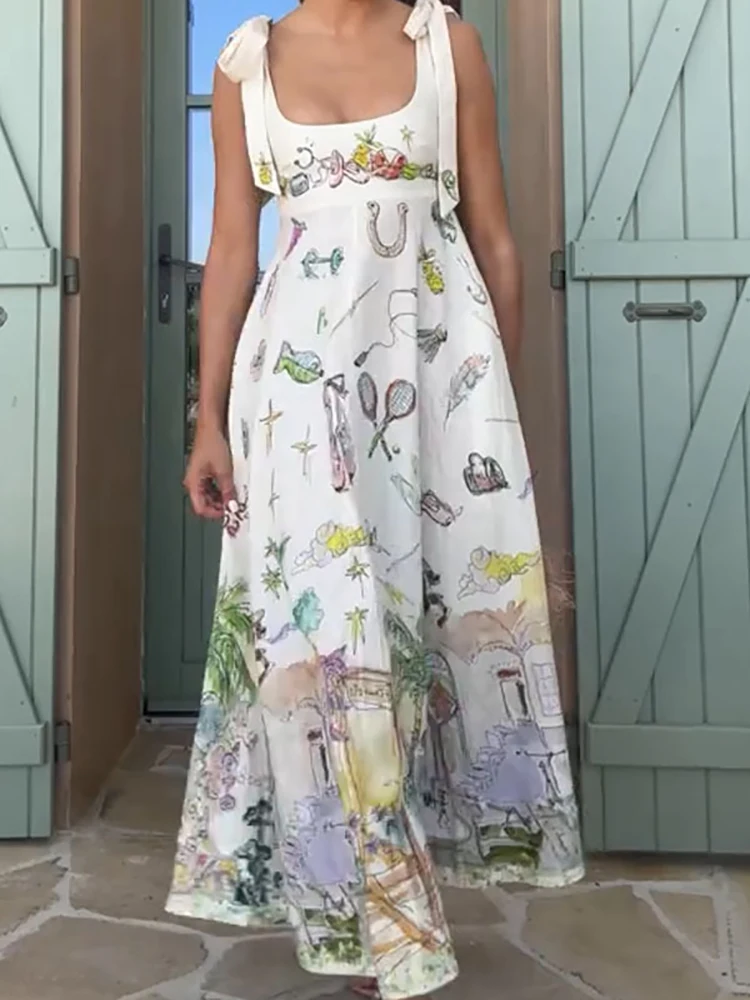 ผู้หญิงฤดูร้อนเซ็กซี่แขนกุด Chic Party Dress,Lacing Up Patchwork ชุด Maxi ง่าย, 2025 พิมพ์สปาเก็ตตี้สุภาพสตรีชุด