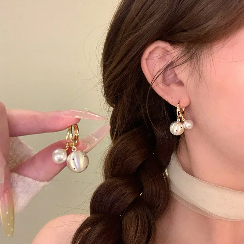 New 2026 Double Pearl Drop Hoop Earrings for Women Gold‑Tied Dainty Two‑Bead Huggie Earring, Sweet Elegant Daily Jewelry Gift