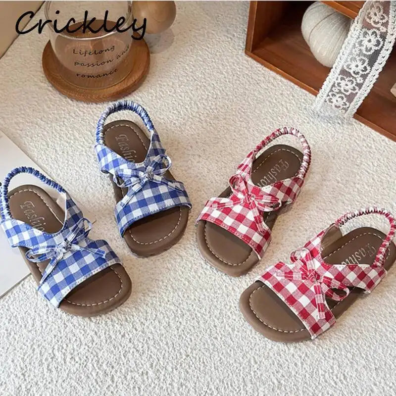 

New Plaid Bow Girls Sandals Summer PU Elastic Band Kids Princess Sandals Anti Slip Soft Bottom Toddler Children Beach Shoes