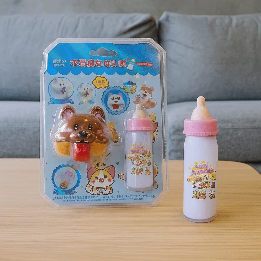 Simulação garrafas de leite e cão falando educação precoce fingir jogar meninas fingir jogar role play alimentação de alimentos