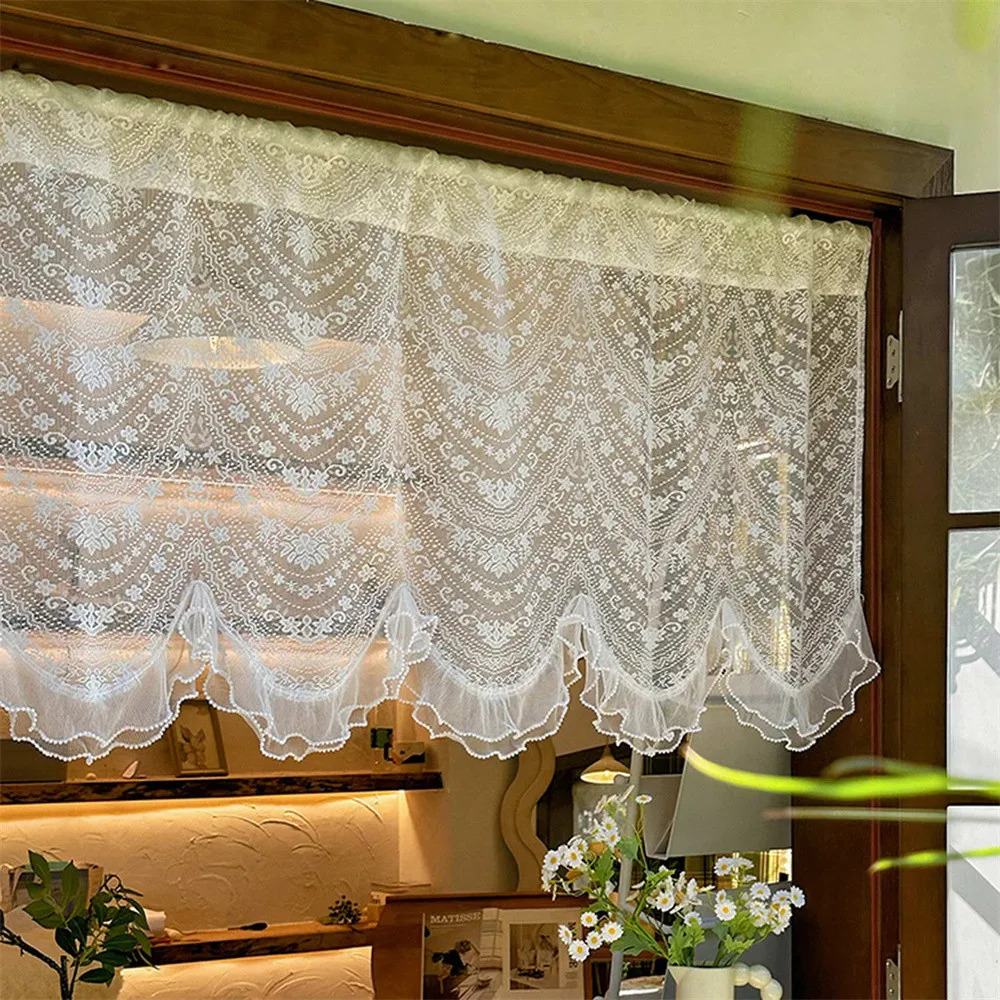 Korean Style Fresh Kitchen Short Curtains with Beaded Ruffles Curtains Valance Small Window Rods Pocket Window Drapery