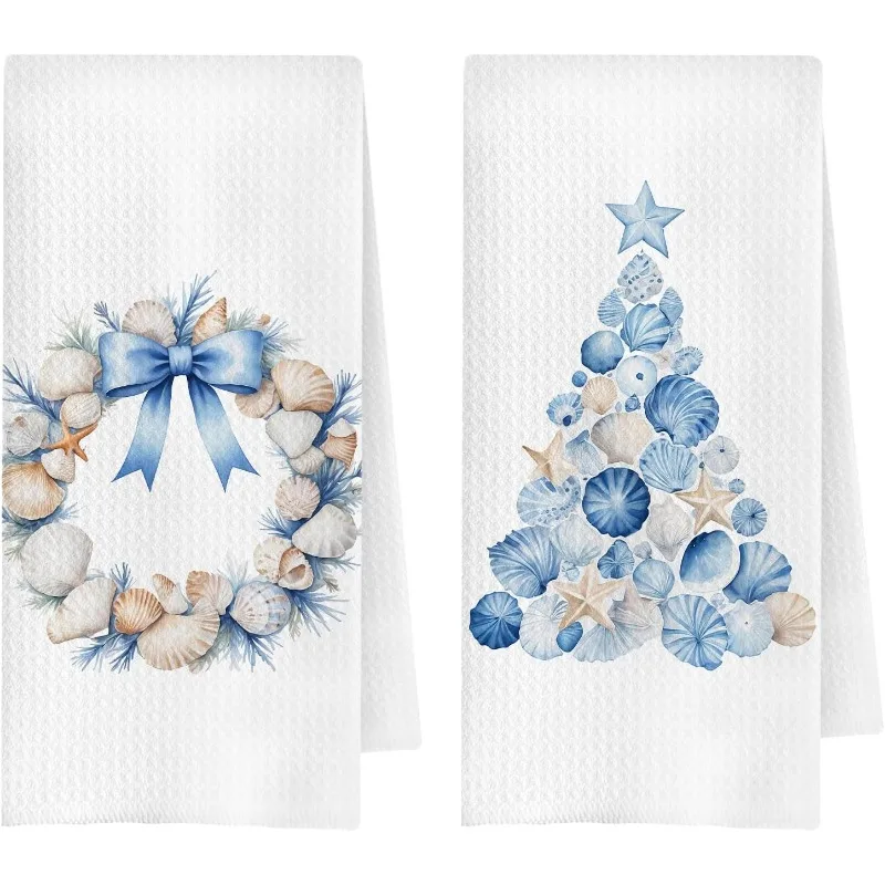 Pack of 2, Blue Bow Beach Christmas Conch Kitchen Towel, Beach Christmas Napkin Tea Towel Kitchen Use