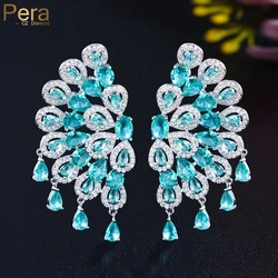 Pera Espectacular Light Blue Cubic Zirconia Large Symmetrical Flower Shape Tassel Drop Earrings Wedding Jewelry for Brides E923
