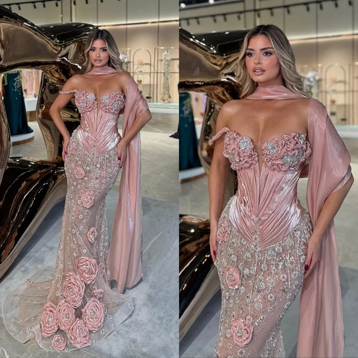 

Modern Evening Dresses Handmade 3D Ruffle Flowers Prom Dress with Cape Beading Sequins Mermaid Party Gowns Vestidos De Noche