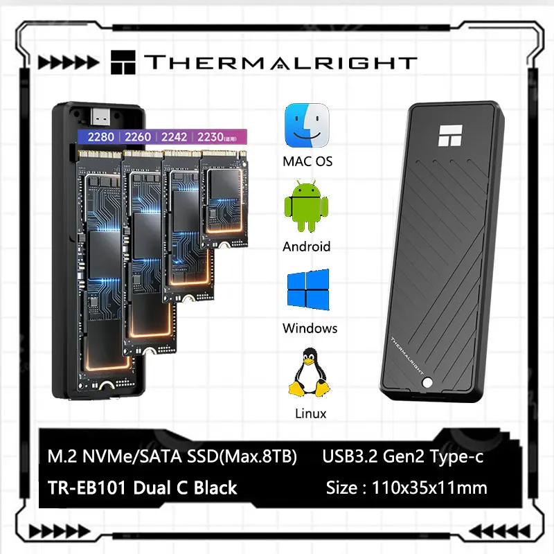 Thermalright TR-EB101 C Black M.2 NVMe/SATA SSD Enclosure Adapter,All aluminum alloy 10Gbps USB3.2 GEN2,Supports M/B&M and B Key