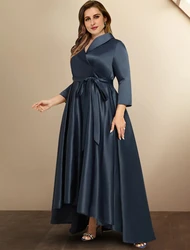 Robe en satin bleu marine foncé pour mère de la mariée, haut bas, manches 2024, nœud, fête d'invité de mariage, quelle que soit la taille plus, 3/4