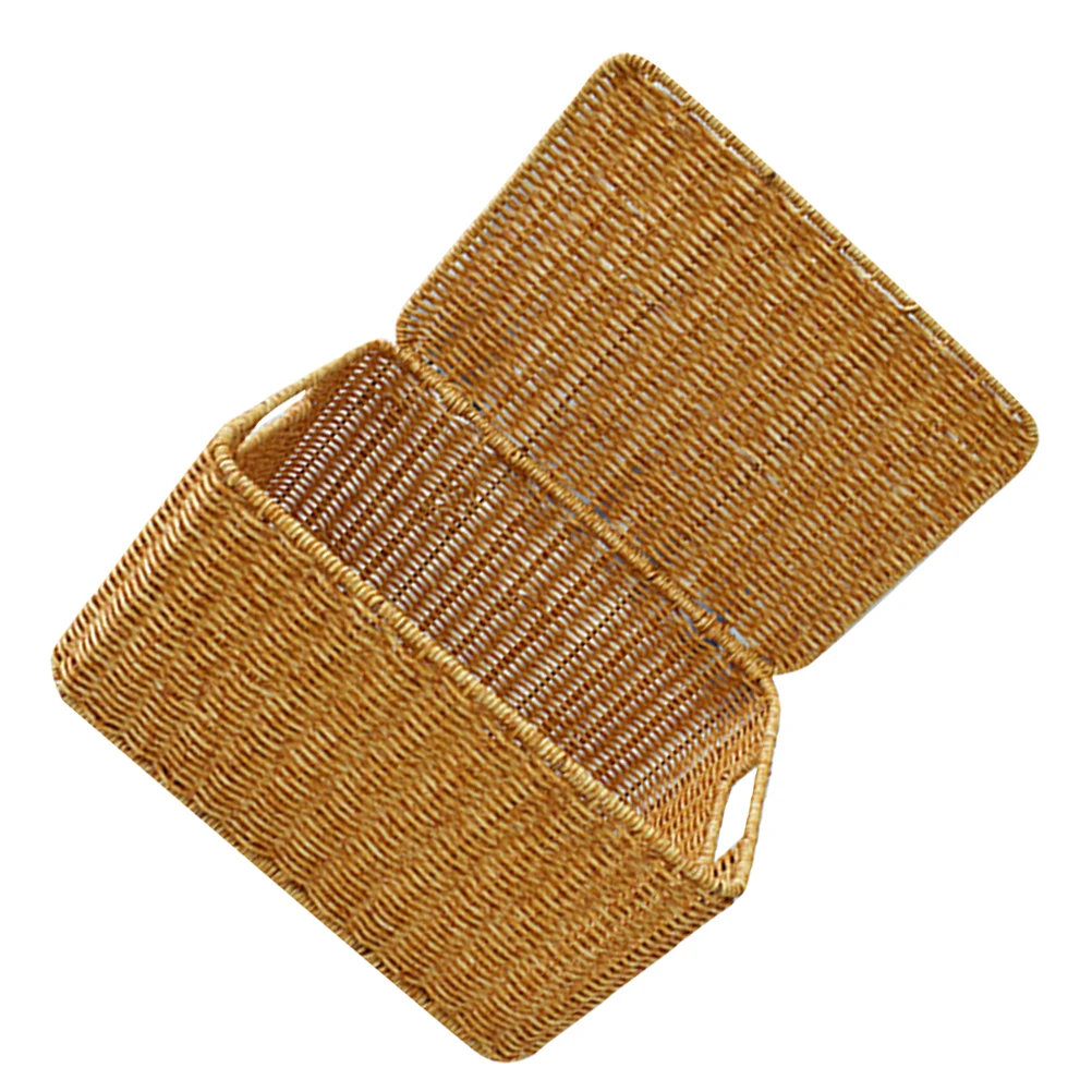 

Large Capacity Storage Box Basket Lid Imitation Rattan Woven Bedroom Closet Living Room Storage Bins Book Sundries Container