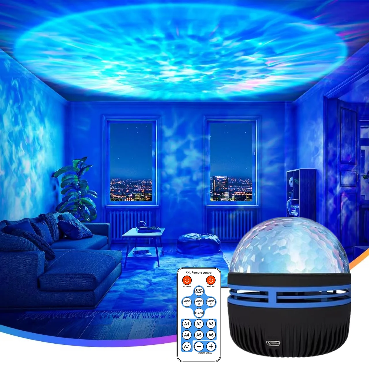 

Wave Projector with 7 Color Patterns and Remote Control, USB Powered for Bedroom Home Theater, Ceiling, Room Party Decoration